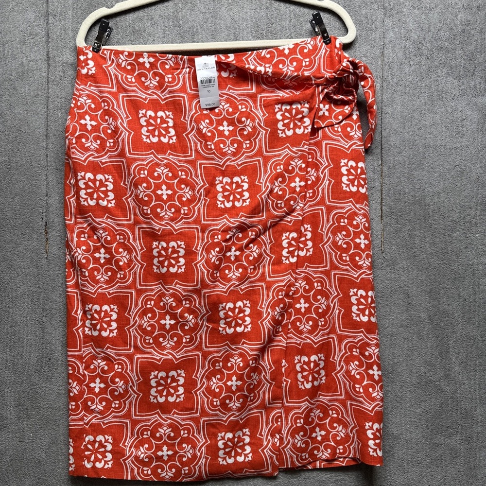Ann Taylor Tiles Sarong‎ Pencil Skirt  10 Orange Print Linen Blend Office Brunch